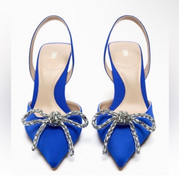 NWT Zara Embellished Bow Heeled Slingback in Blue 7.5 - Picture 3 of 10